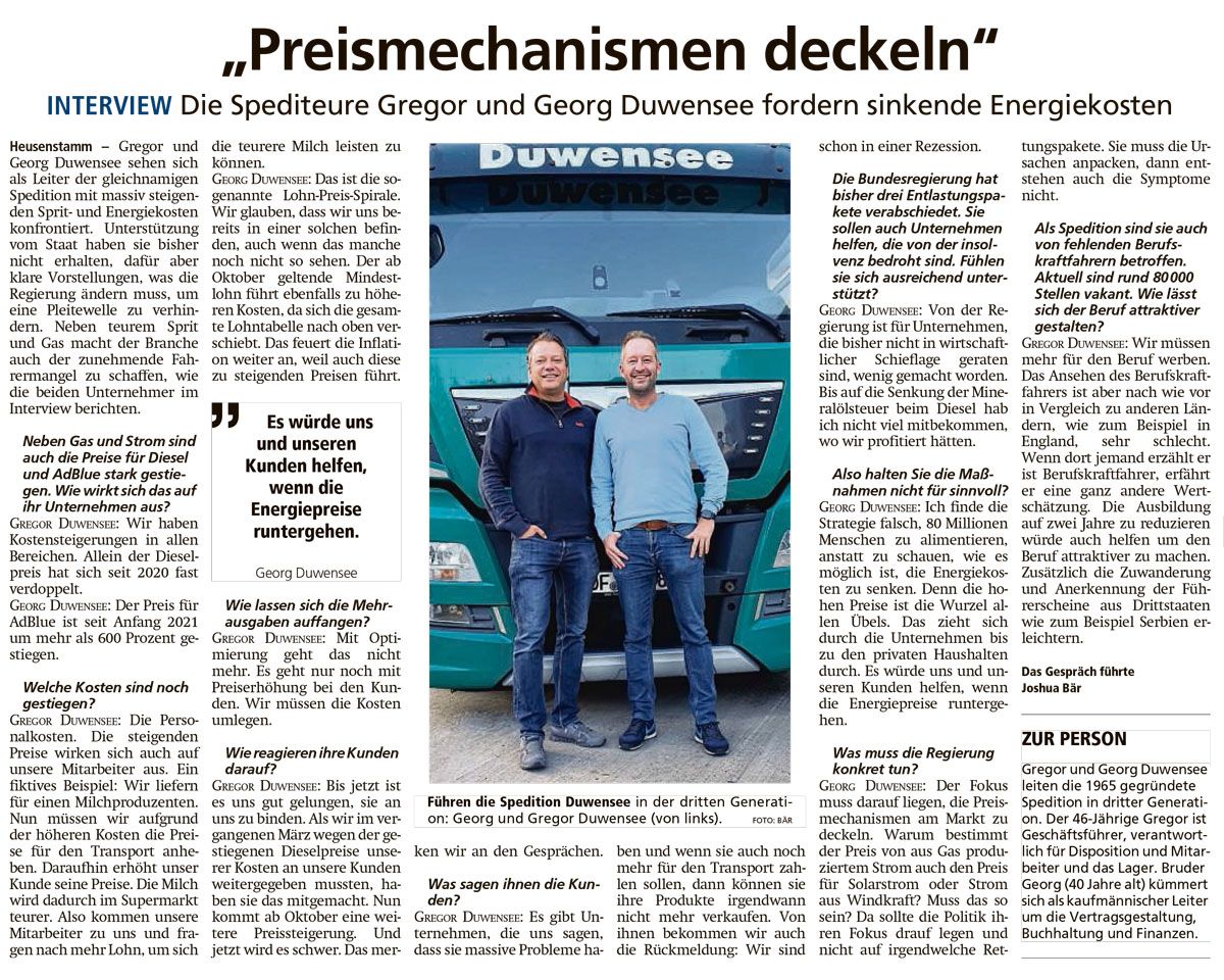 Gregor und Georg Duwensee im Interview mit der Offenbach-Post (01.10.2022)